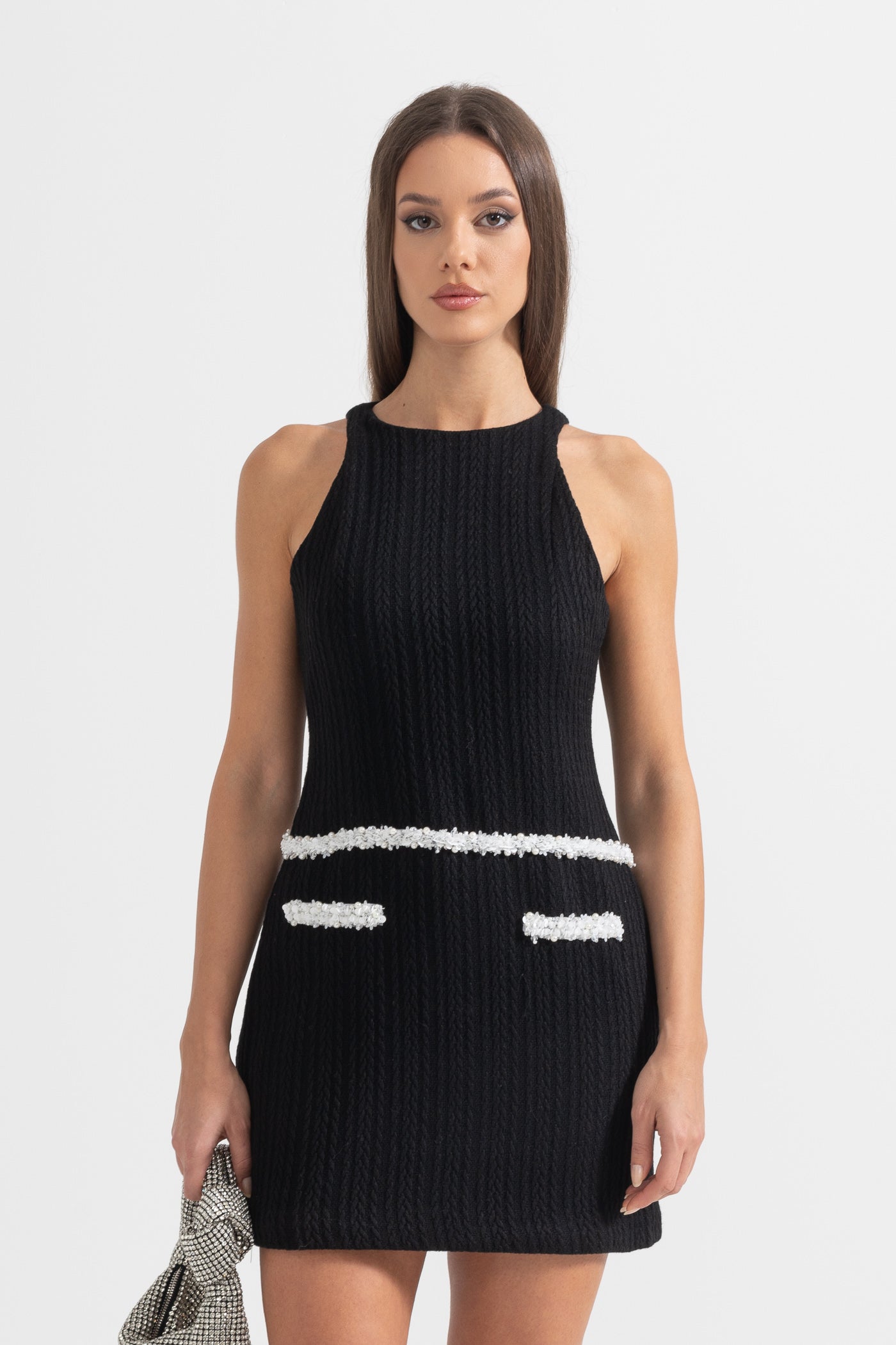 Vestido Mini Texturizado Elegante Sem Mangas - Preto
