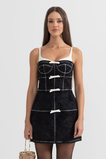 Vestido Mini Com Tecido Com Padrão Semelhante a Penas - Preto