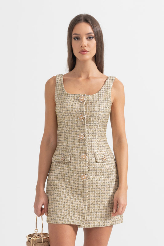 Vestido Mini Estampado Com Botões Decorativos Dourados - Dourado