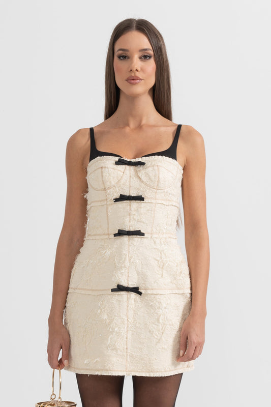Vestido Mini Com Tecido Com Padrão Semelhante a Penas - Ivoire