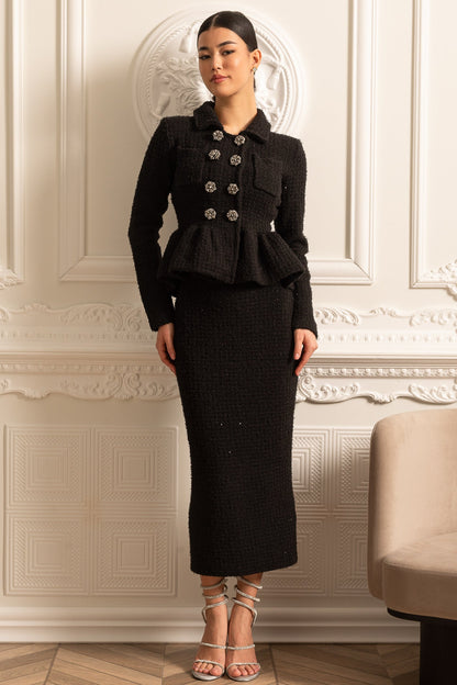 Vestido de Malha Texturizado com Cintura Peplum e Botões Decorativos - Preto