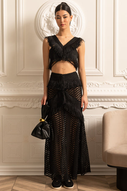 Conjunto Franjado Com Top Crop Sem Mangas E Saia Longa Transparente - Preto