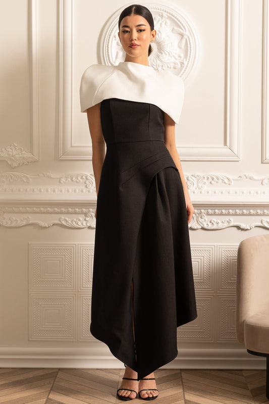 Vestido Assimétrico Elegante Com Capelet Destacável Branco Contrastante - Preto