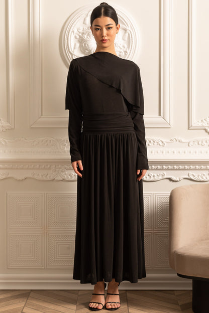 Vestido Elegante Com Cintura Pregueada, Saia Maxi Pregueada E Top Camponês em Camadas - Preto
