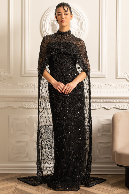Vestido Glamouroso com Contas e Véu Destacável - Preto