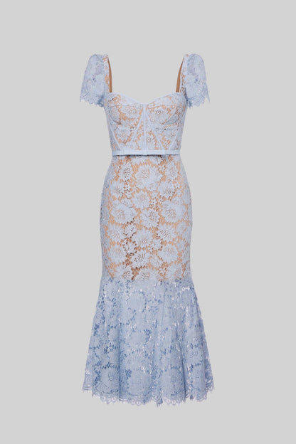Vestido de Renda de Manga Curta com Cintura Delicada em Azul
