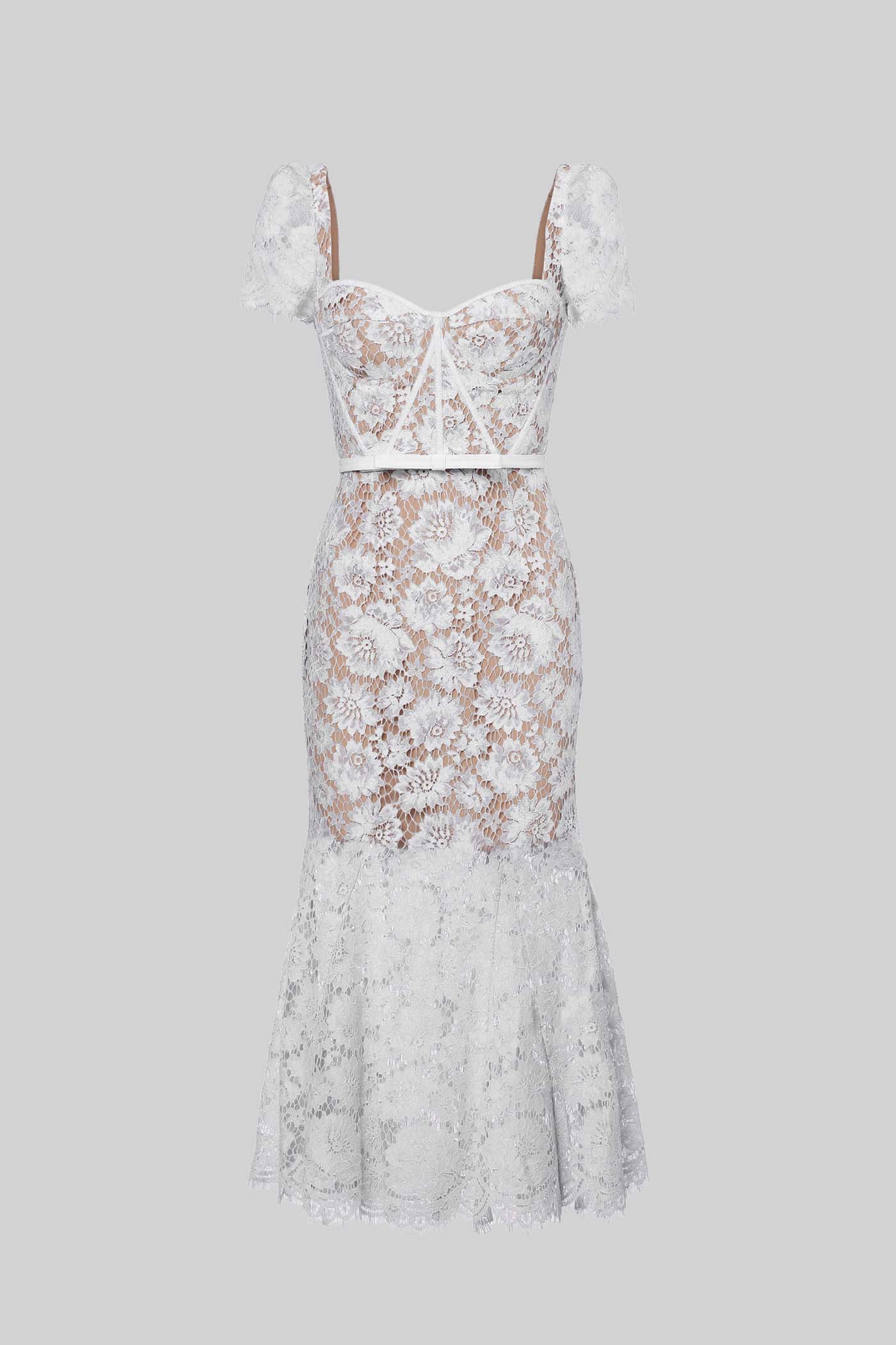 Vestido de Renda de Manga Curta com Cinto Delicado a Condizer - Branco
