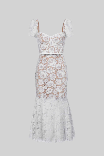 Vestido de Renda de Manga Curta com Cinto Delicado a Condizer - Branco