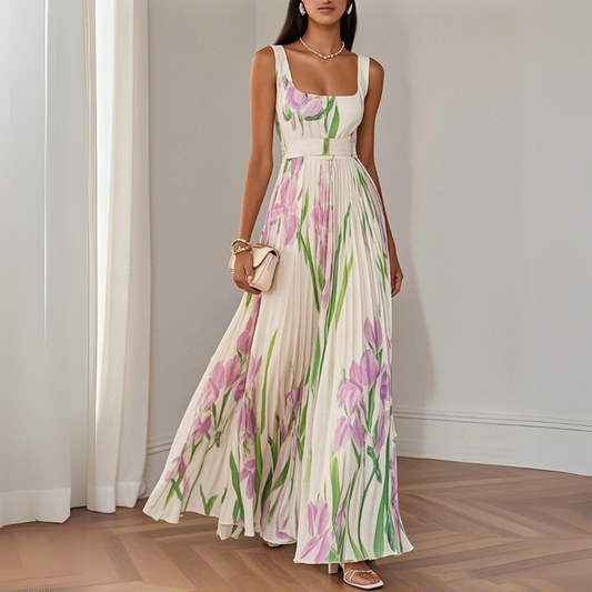 Nina - Vestido longo plissado floral