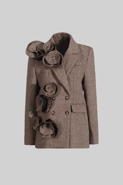Blazer de Tweed Duplo com Aplicações Florais - Castanho