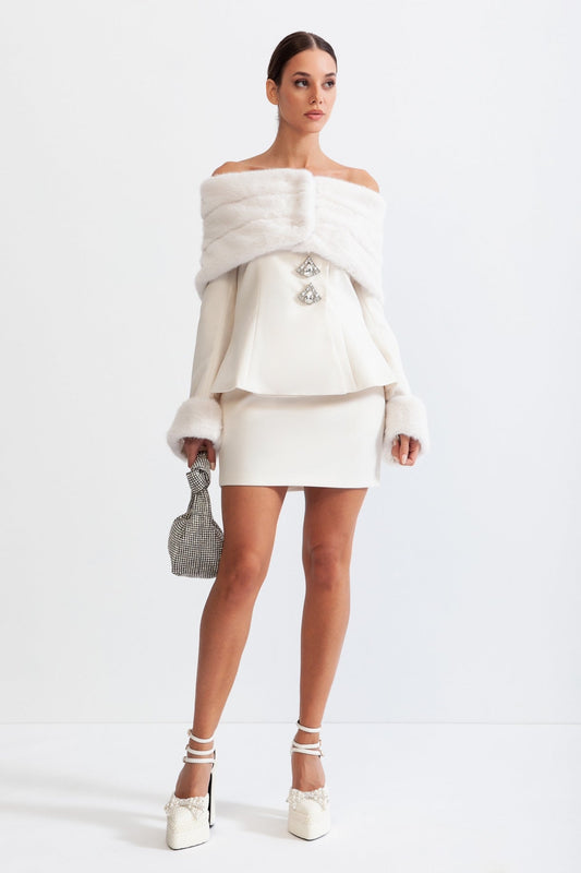 Co-Ord Off The Shoulder com Pelo Sintético - Branco