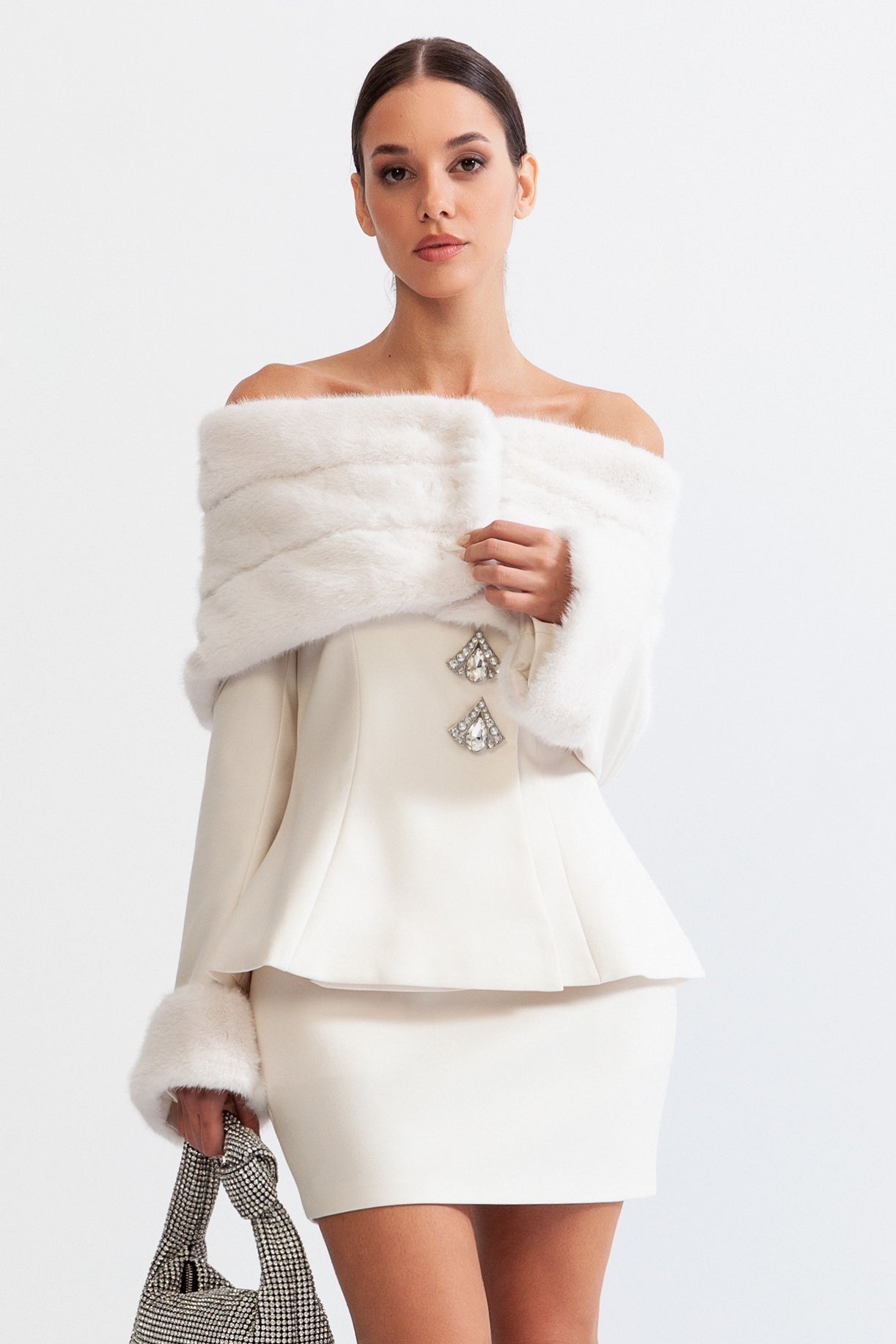 Co-Ord Off The Shoulder com Pelo Sintético - Branco
