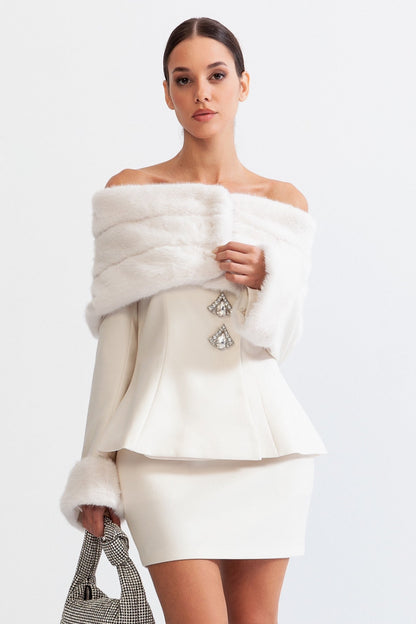 Co-Ord Off The Shoulder com Pelo Sintético - Branco