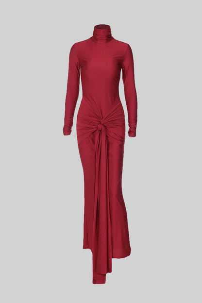 Vestido Longo Drapado de Gola Alta - Vermelho