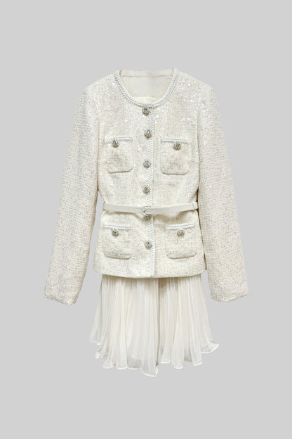 Vestido Mini Texturizado Com Bolsos E Saia Plissada Transparente - Bege