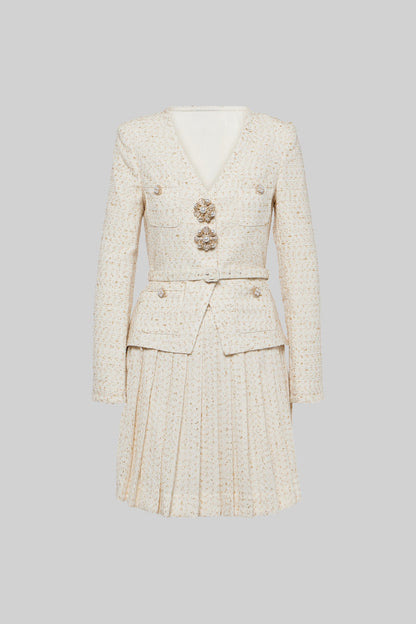 Conjunto Texturizado Com Top De Mangas Compridas E Saia Mini Plissada A Condizer - Ivoire