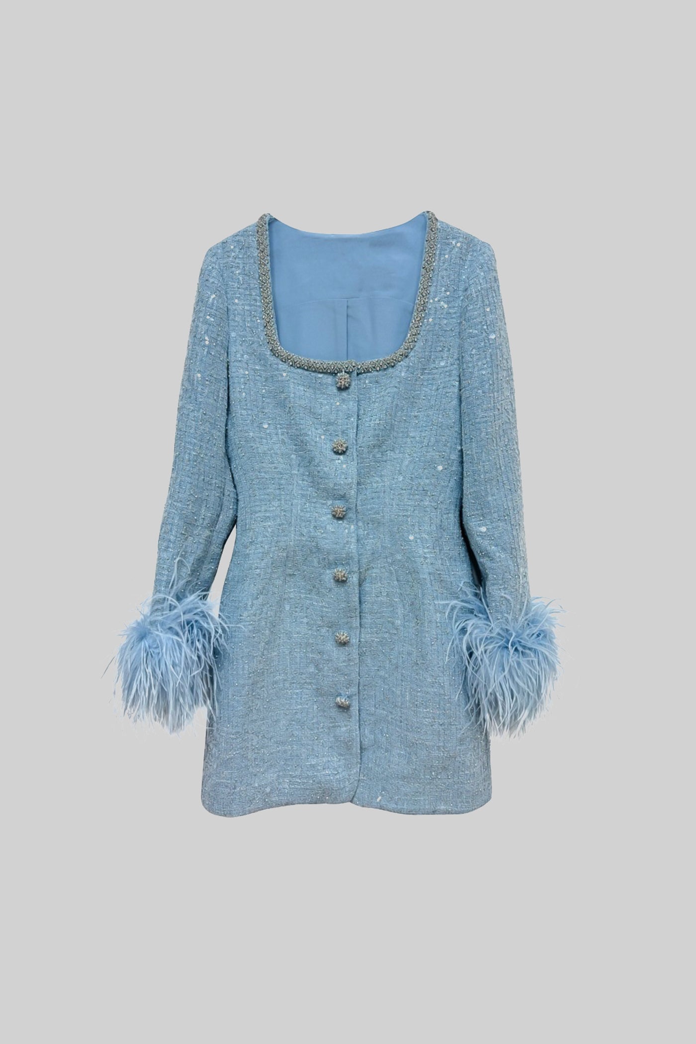 Vestido Mini Texturizado Com Punhos de Penas e Decote Quadrado - Azul