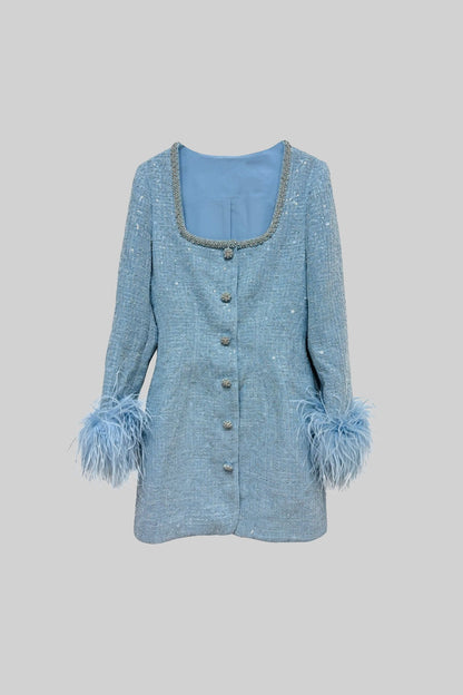 Vestido Mini Texturizado Com Punhos de Penas e Decote Quadrado - Azul