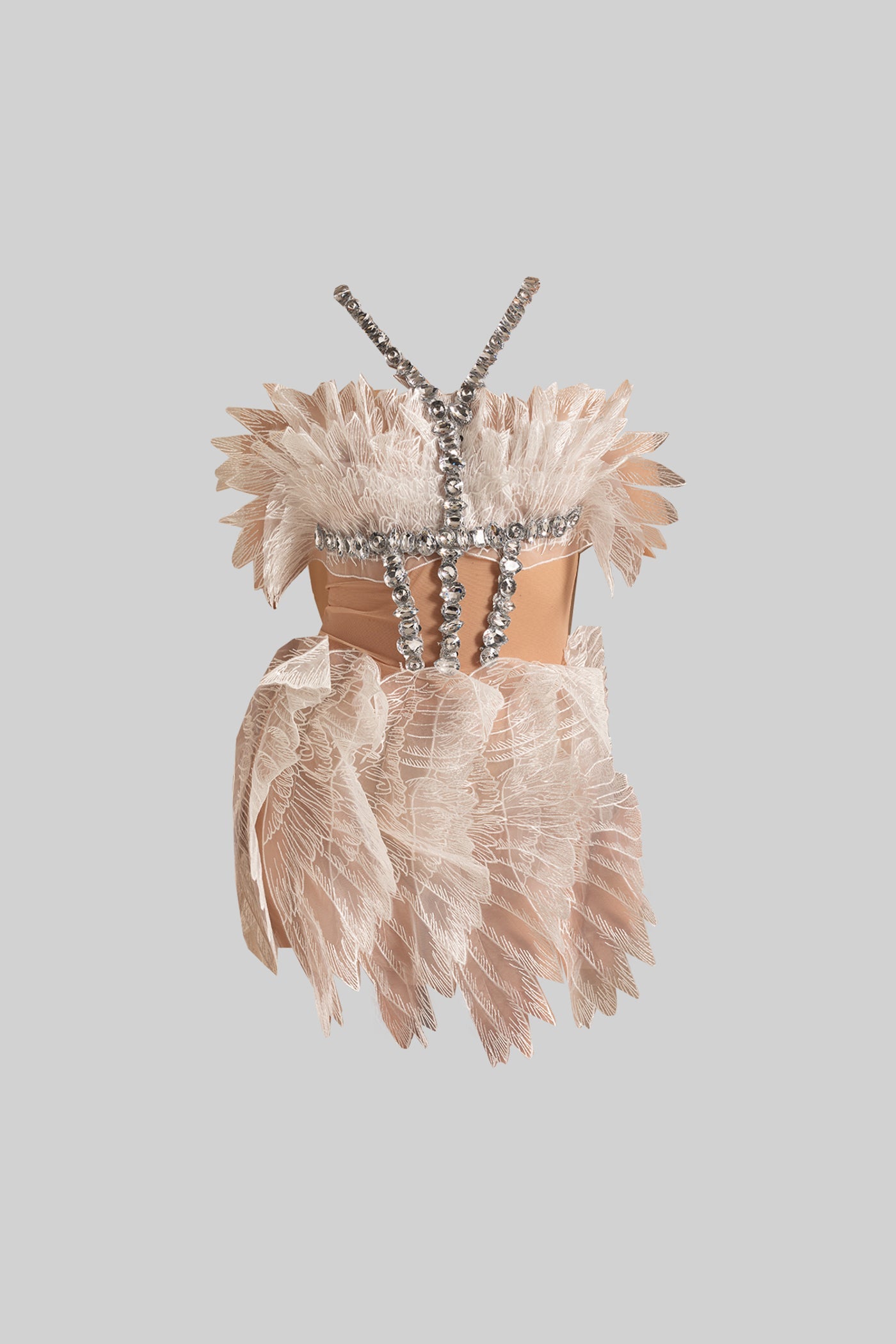 Vestido Mini Etéreo Com Textura de Asas Transparente e Aplicações de Cristal - Branco