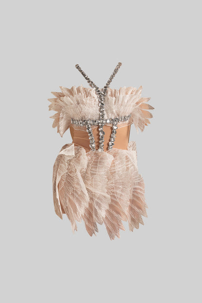 Vestido Mini Etéreo Com Textura de Asas Transparente e Aplicações de Cristal - Branco