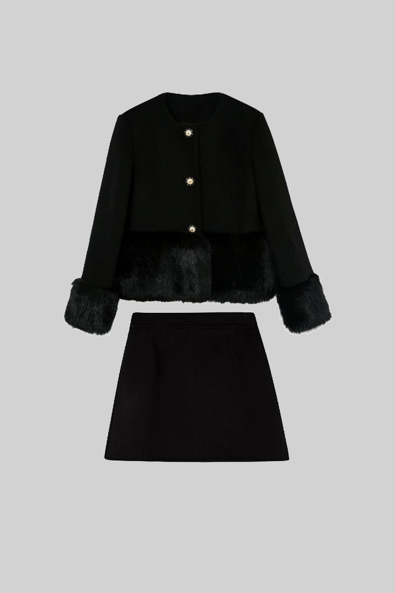 Conjunto de pelo sintético com casaco e saia - Preto