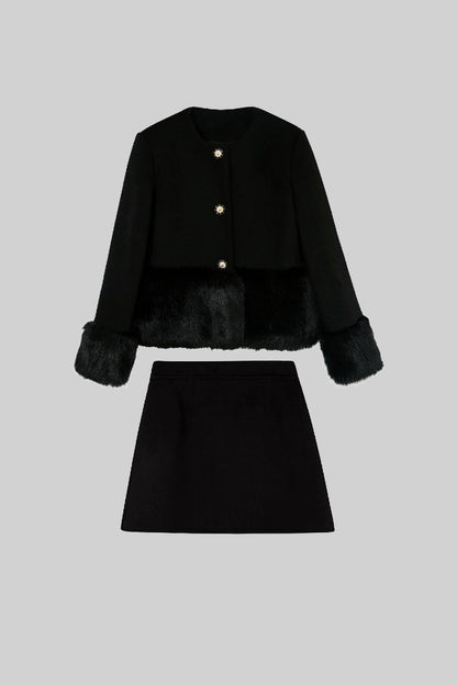 Conjunto de pelo sintético com casaco e saia - Preto