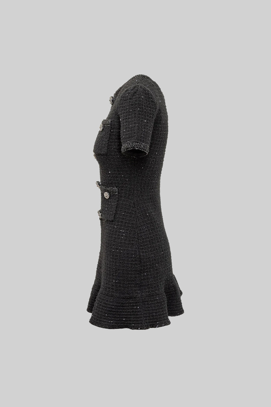 Vestido Tricotado Preto de Manga Curta até ao Joelho