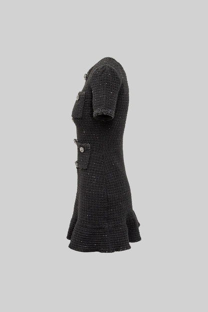 Vestido Tricotado de Manga Curta até ao Joelho - Preto
