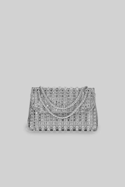 Bolsa Tecida Brilhante com Apliques de Strass - Prata