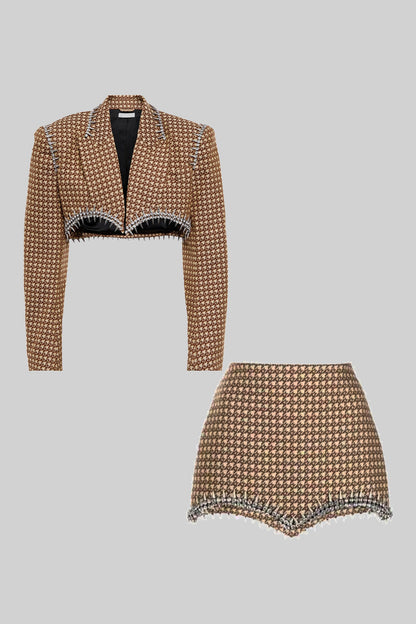 Conjunto Elegante de 2 Peças com Picos Prateados - Castanho e Bege