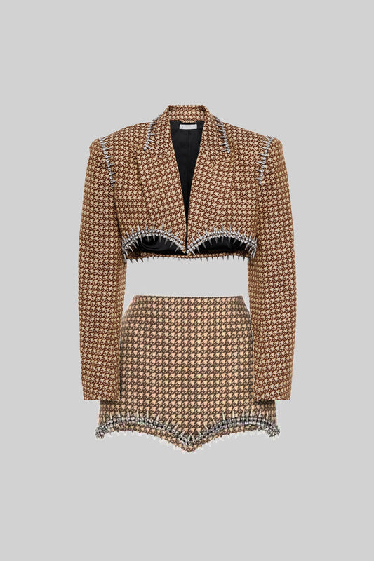 Conjunto Elegante de 2 Peças com Picos Prateados - Castanho e Bege