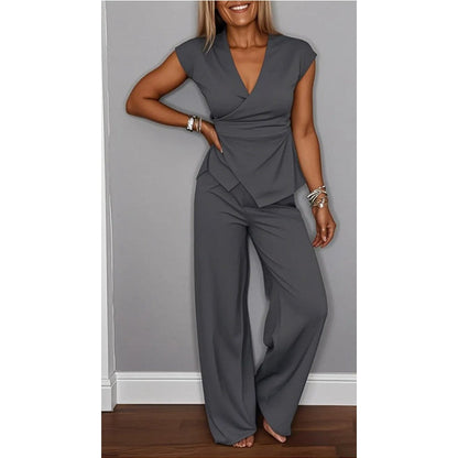PALMIRA | Conjunto elegante de blusa com decote em V e calça solta para conforto diário