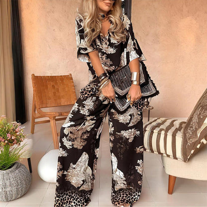 Blusa com decote em V estampada + calça comprida – Estilo de verão elegante e leve