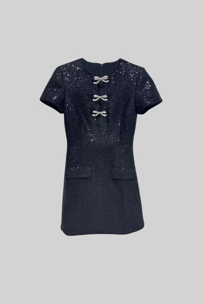 Vestido Mini de Lantejoulas de Manga Curta com Laços Brilhantes no Decote - Preto