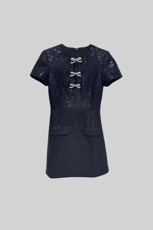 Vestido Mini de Lantejoulas de Manga Curta com Laços Brilhantes no Decote - Preto