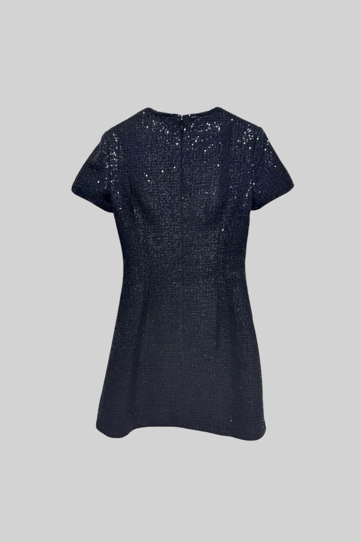 Vestido Mini de Lantejoulas de Manga Curta com Laços Brilhantes no Decote - Preto