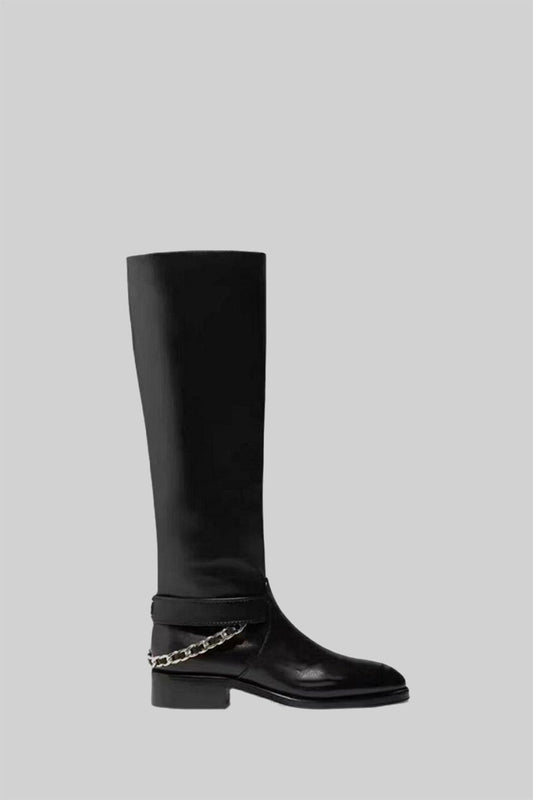 Botas de Couro Estilo Equestre com Corrente nas Costas - Preto