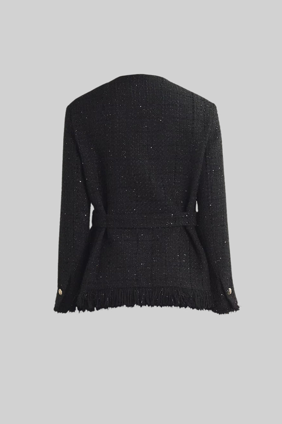 Blazer Elegante de Tweed com Cinto na Cintura - Preto