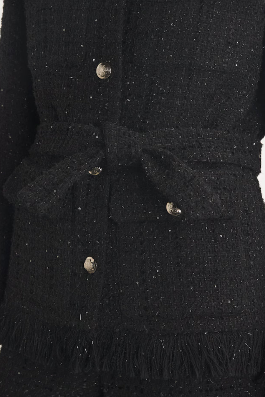 Blazer Elegante de Tweed com Cinto na Cintura - Preto