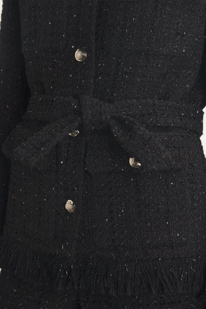 Blazer Elegante de Tweed com Cinto na Cintura - Preto