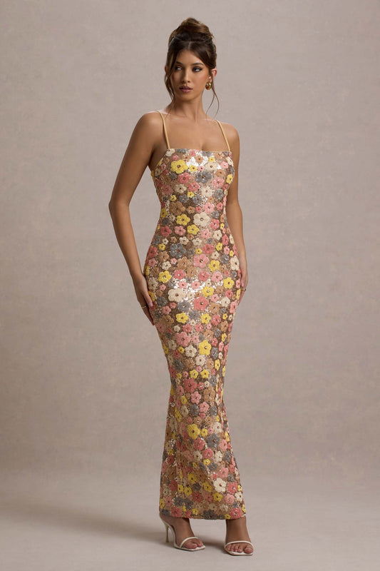 SELVIANA Vestido longo floral com lantejoulas