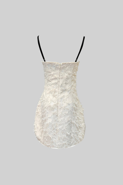 Vestido Mini Com Tecido Com Padrão Semelhante a Penas - Ivoire