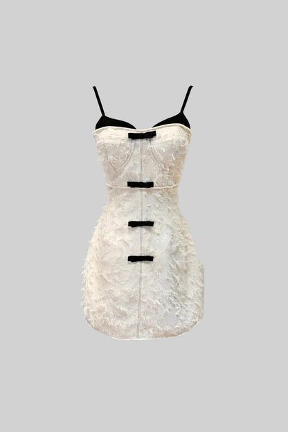 Vestido Mini Com Tecido Com Padrão Semelhante a Penas - Ivoire