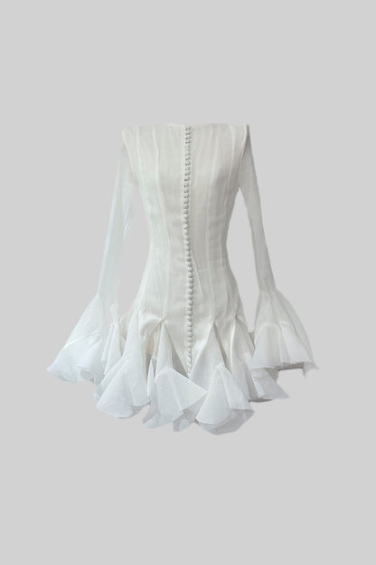 Vestido Elegante com Mangas Largas e Barra Larga - Branco