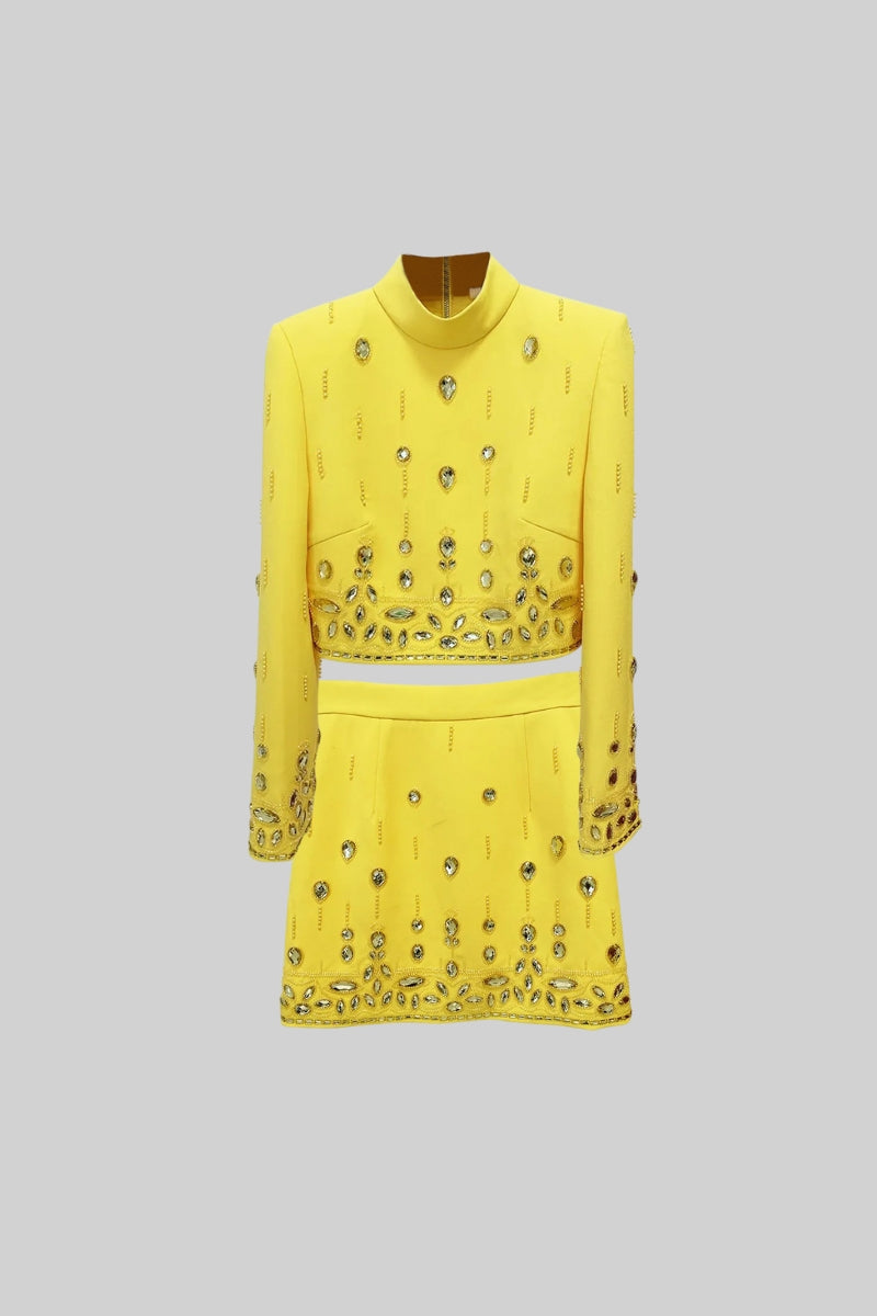 Conjunto com Diamantes e Saia Mini - Amarelo