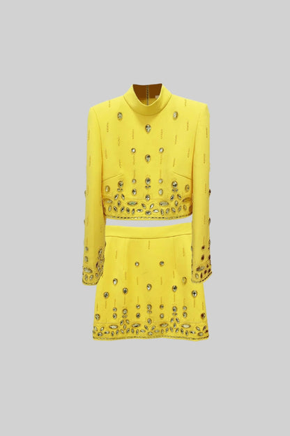 Conjunto com Diamantes e Saia Mini - Amarelo