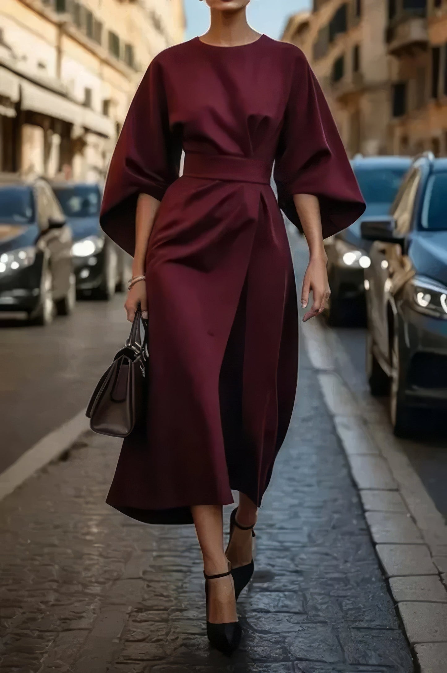 Margaret - Vestido elegante com mangas lanterna e cinto