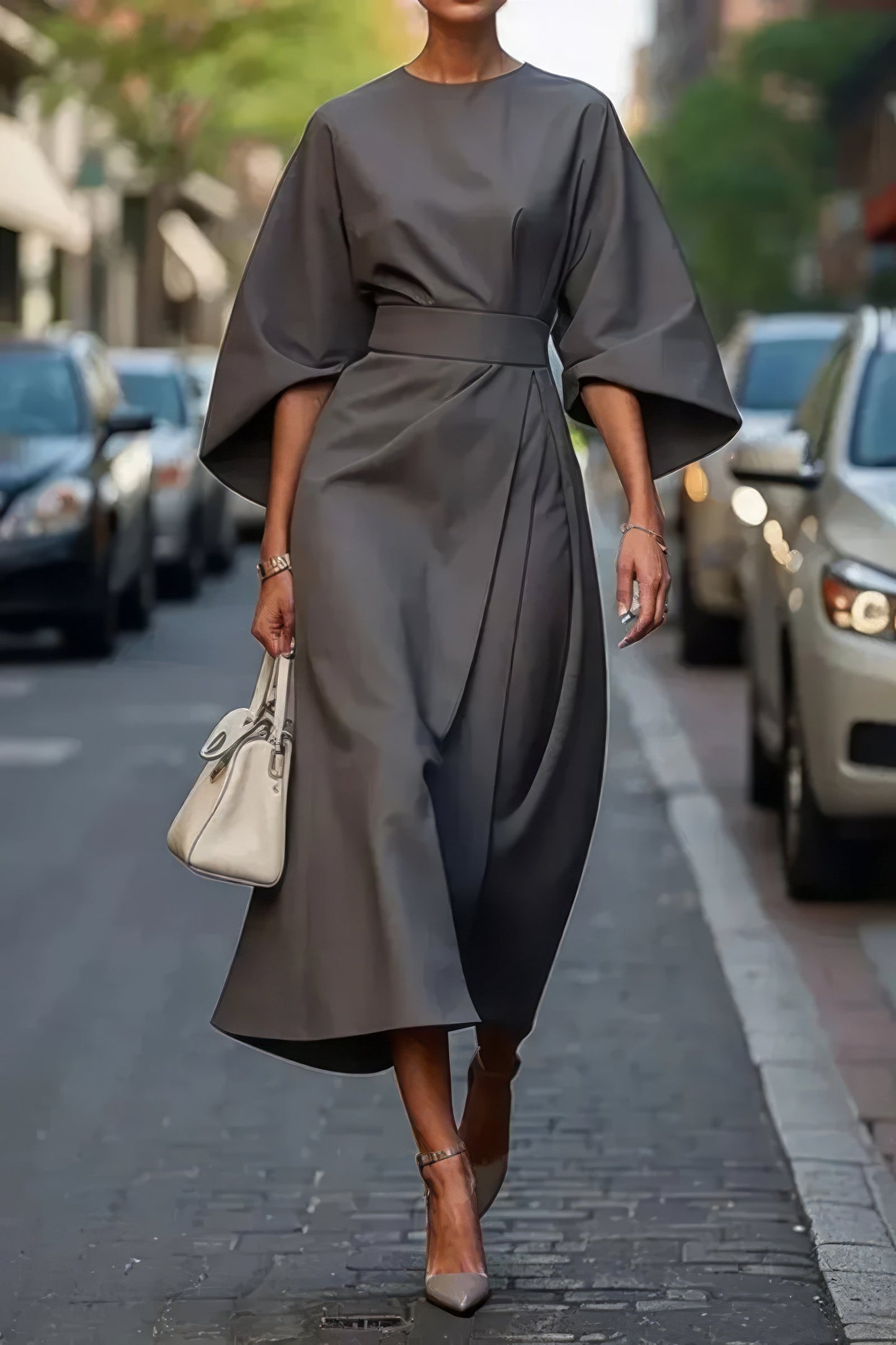 Margaret - Vestido elegante com mangas lanterna e cinto